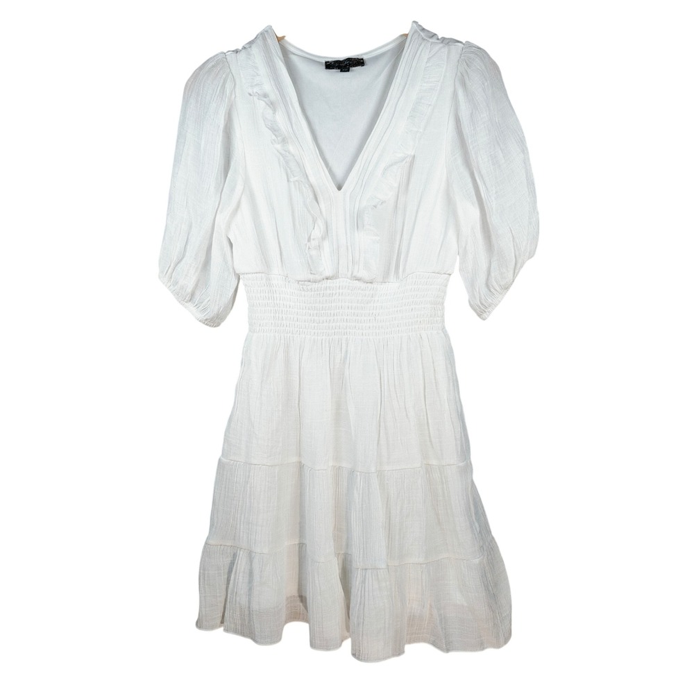 J Gee White Ruffle‎ Tiered Smocked Waist Midi Dress Women Petite medium